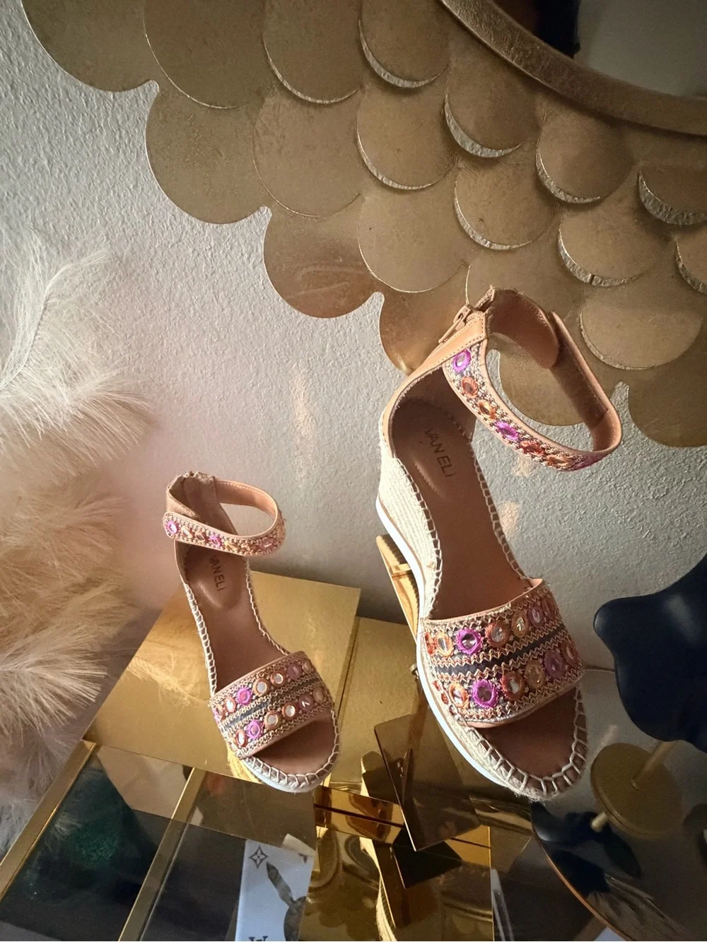 Van Eli Embellished Espadrille Wedge Sandals Ankle Strap Size 6.5M
